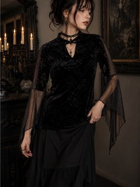 Whimsigoth Burnout Velvet Bell Sleeve Gothic Witchy Blouse Vampire Rhinestones